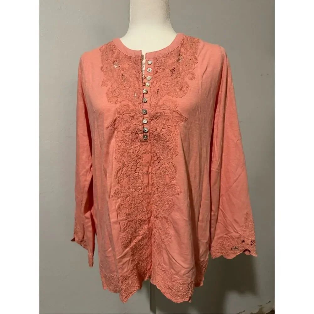 Soft surroundings orange embroidered long sleeve top M